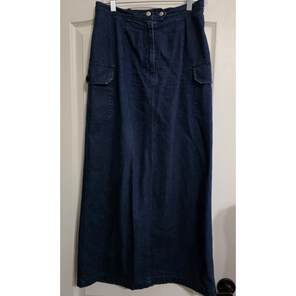 Casual Corner Vintage Denim Maxi Skirt Womens 8 Blue Cargo Utility Cotton Slit